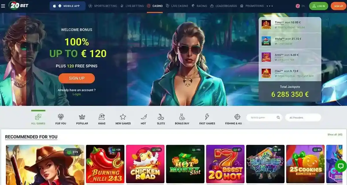 Panel kasyna 20bet z bonusem powitalnym 100% do 120 EUR