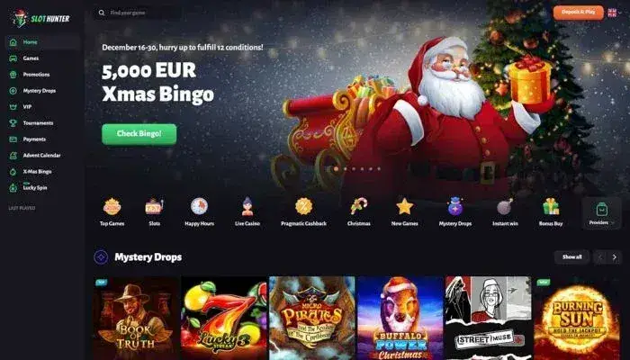 Lobby kasyna Slot Hunter z promocjami i Mystery Drops